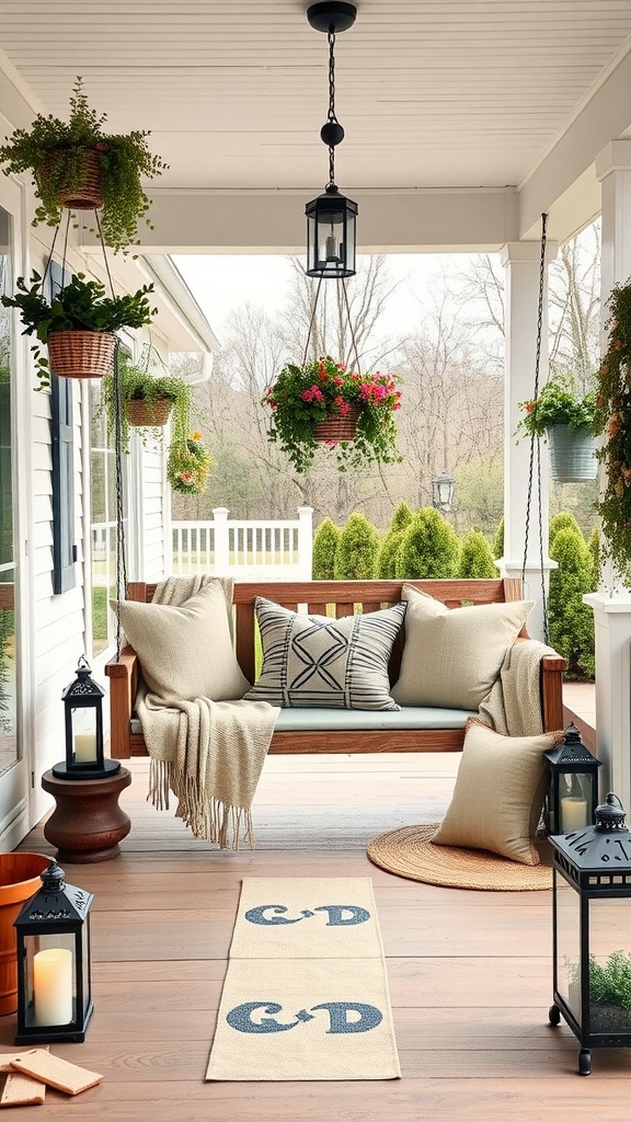 Cozy farmhouse back porch with a swing, pillows, plants, and lanterns