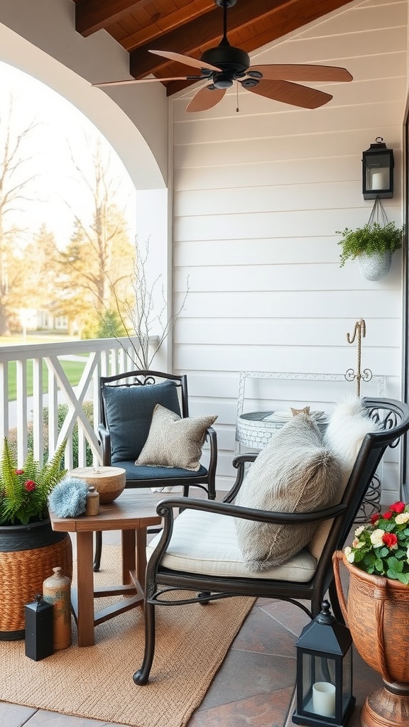 Cozy farmhouse patio with faux fur accents on chairs
