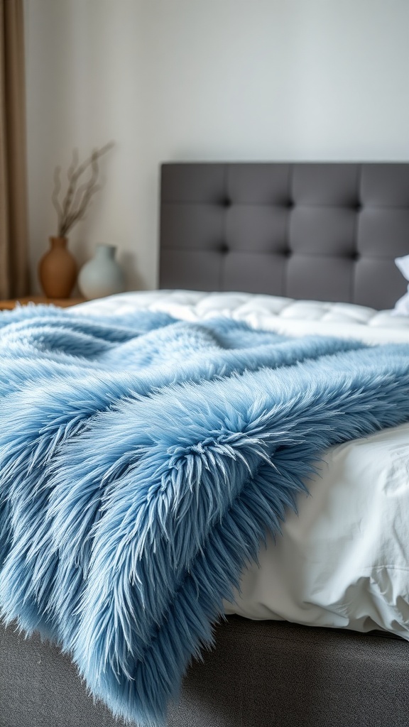A cozy bedroom featuring a soft blue faux fur throw draped over a bed.