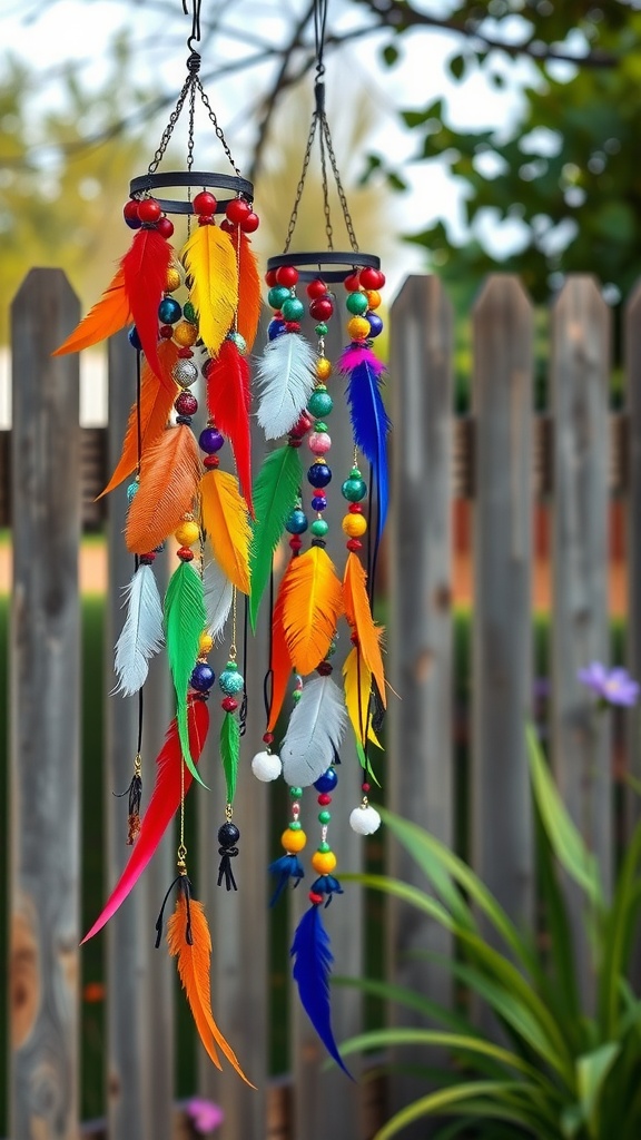 Colorful feather and bead wind chimes hanging in a garden