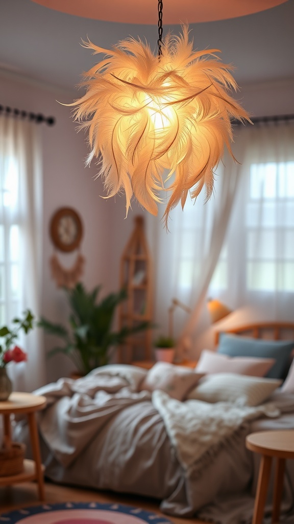 A feather light fixture hanging in a cozy boho bedroom, illuminating the space with a warm glow.