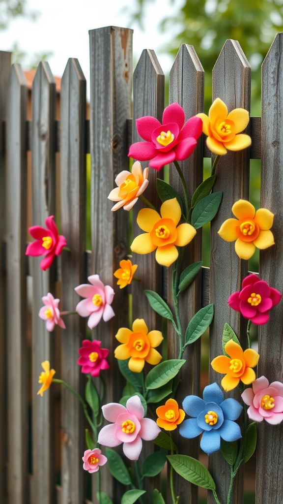 Colorful felt flowers attached to a wooden fence
