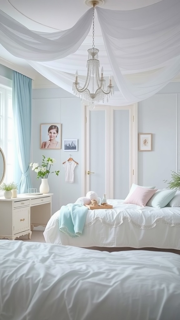A feminine blue bedroom with soft textiles, featuring white drapes and a chandelier
