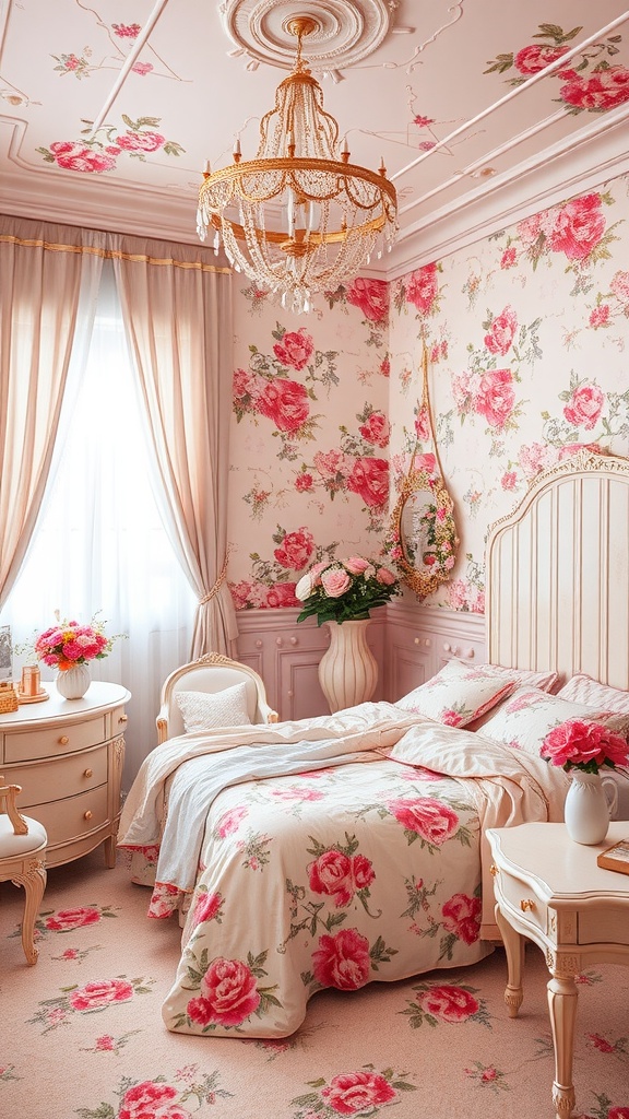 A beautifully decorated feminine bedroom with floral wallpaper, a chandelier, and a cozy bed.