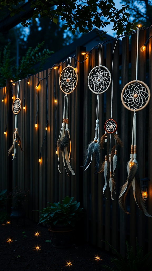 A wooden garden fence adorned with string lights and dreamcatchers, creating a cozy and bohemian atmosphere.