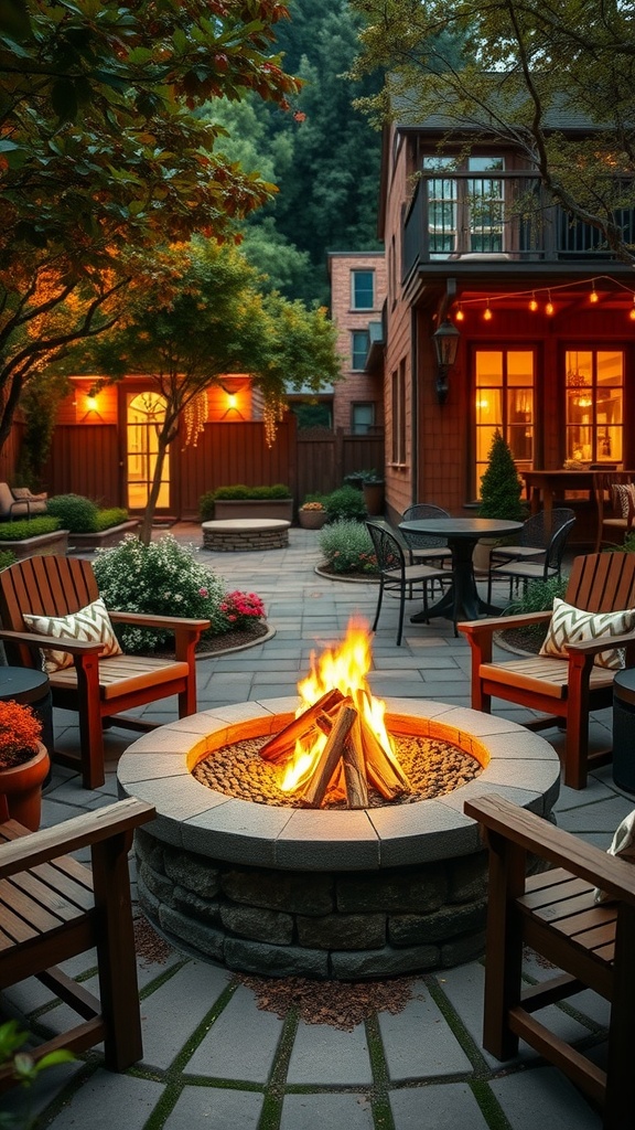 Cozy outdoor space featuring a stone fire pit surrounded by wooden chairs, with warm lighting in the background.