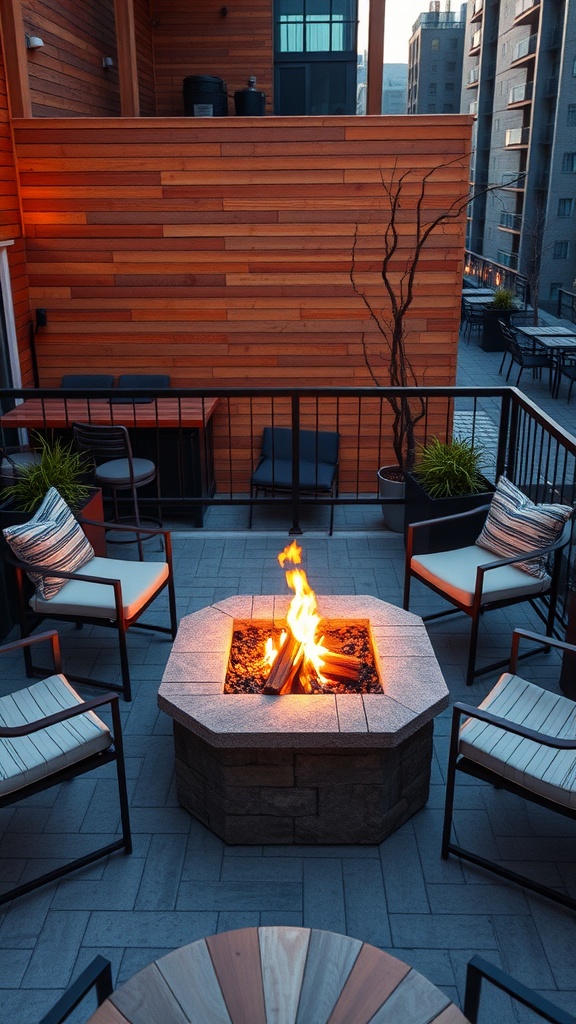 A cozy fire pit surrounded by chairs on a balcony, creating a warm outdoor space.