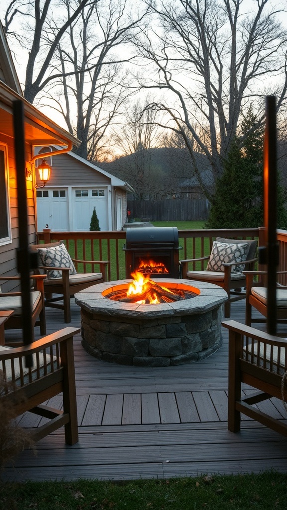 Cozy back porch with a stone fire pit and comfortable seating, perfect for evening gatherings.