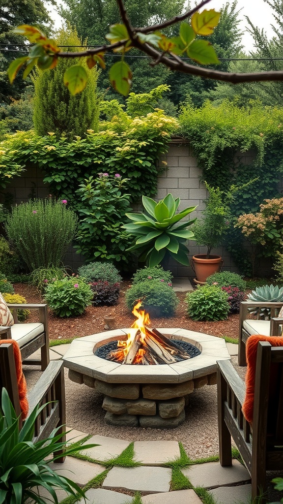 A cozy fire pit surrounded by lush greenery and comfortable seating, creating a warm outdoor gathering space.