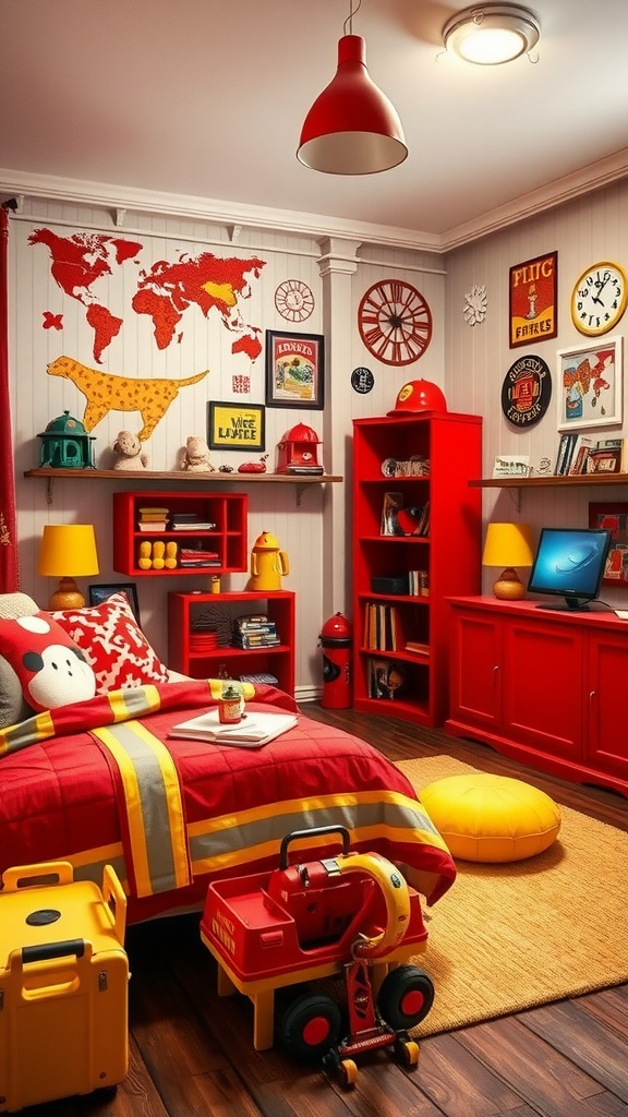 A vibrant firefighter-themed bedroom featuring red and yellow decor, a bedspread with firefighter stripes, and playful toy fire trucks.