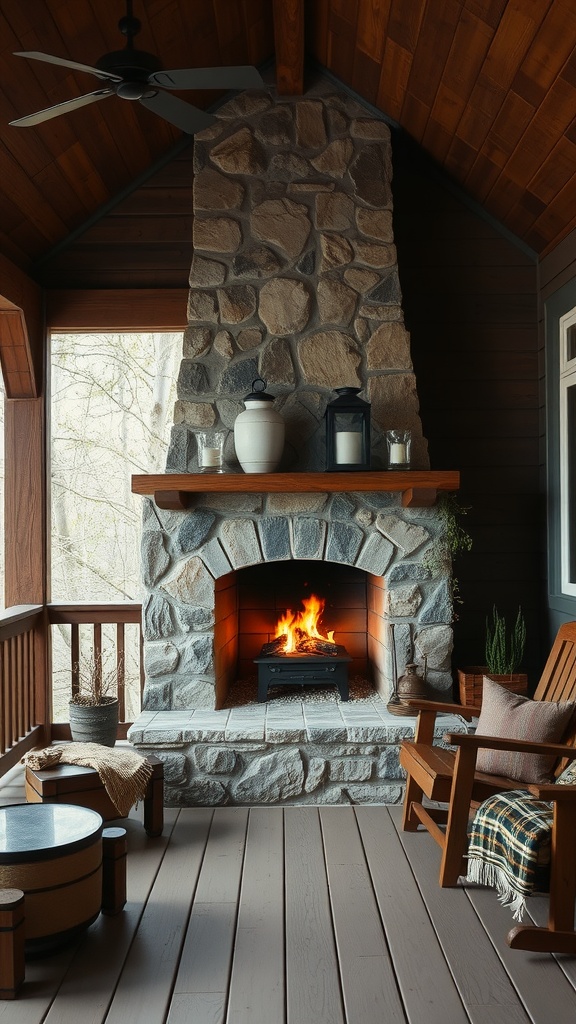 Cozy farmhouse back porch with a stone fireplace, wooden chairs, and a warm fire.