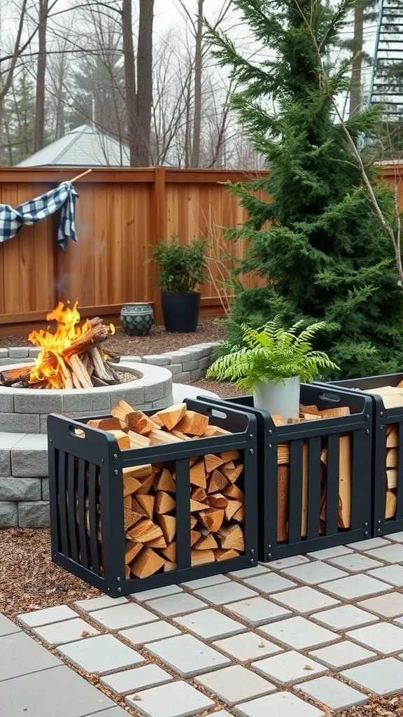 Firewood storage bins beside a fire pit in a farmhouse patio setting.