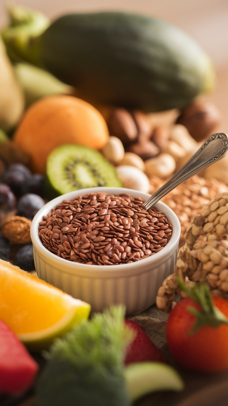 A bowl filled with flaxseeds surrounded by fresh vegetables and fruits.