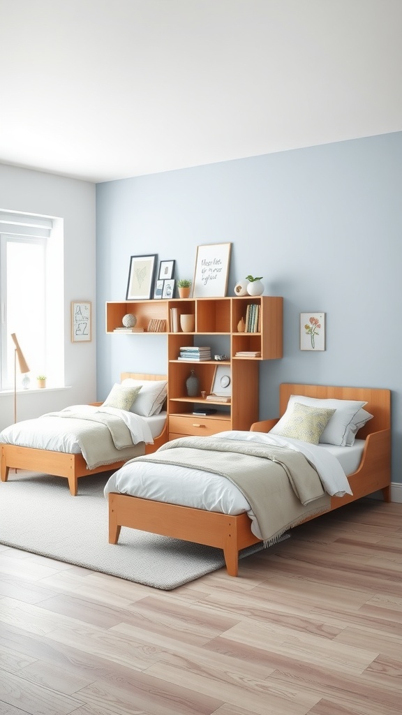 A cozy twin boys bedroom featuring two beds with light wood frames, soft bedding, and a shelving unit above with decorative items and books.