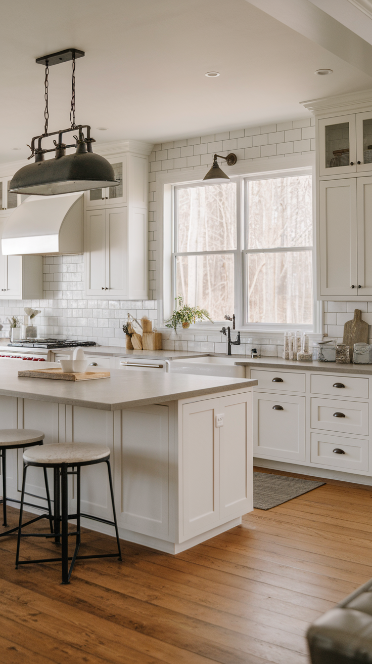 A modern kitchen featuring floating cabinets, a large island, and natural light from windows.