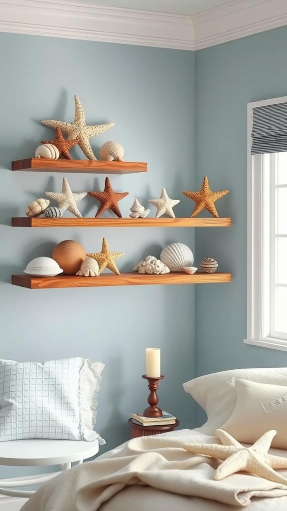 Floating shelves displaying starfish and seashells in a blue toned bedroom