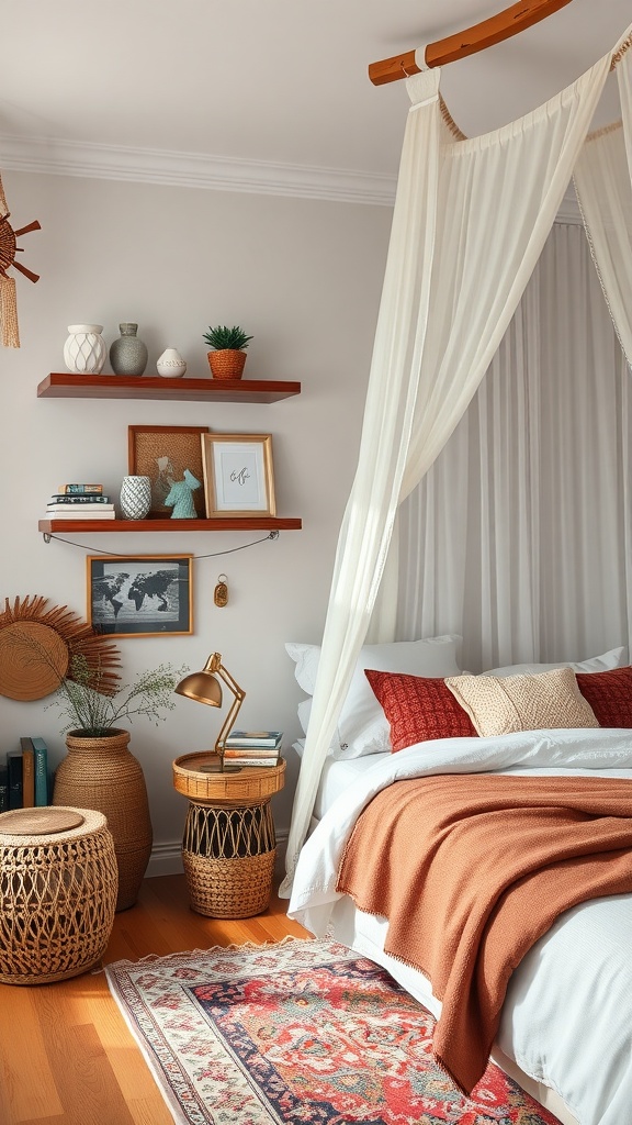A serene boho bedroom with a canopy bed and floating shelves displaying decorative items.