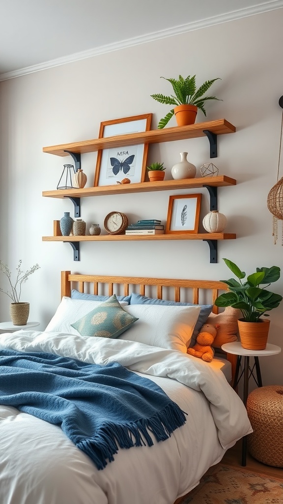 A cozy bedroom featuring floating wooden shelves with decorative items and a blue throw blanket on the bed.