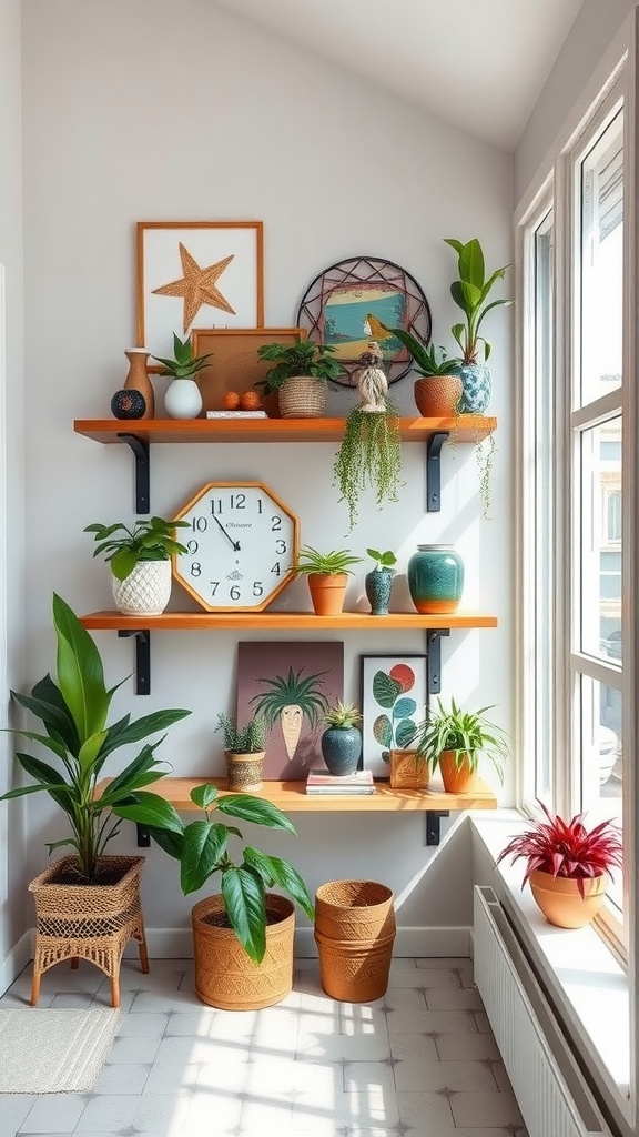 A sunroom with floating shelves displaying plants, a clock, and decorative art pieces.