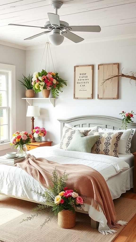 A cozy farmhouse bedroom featuring colorful floral arrangements and a soft pastel blanket.