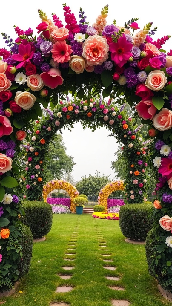 A vibrant floral archway with colorful flowers over a green garden path, leading to more floral displays.