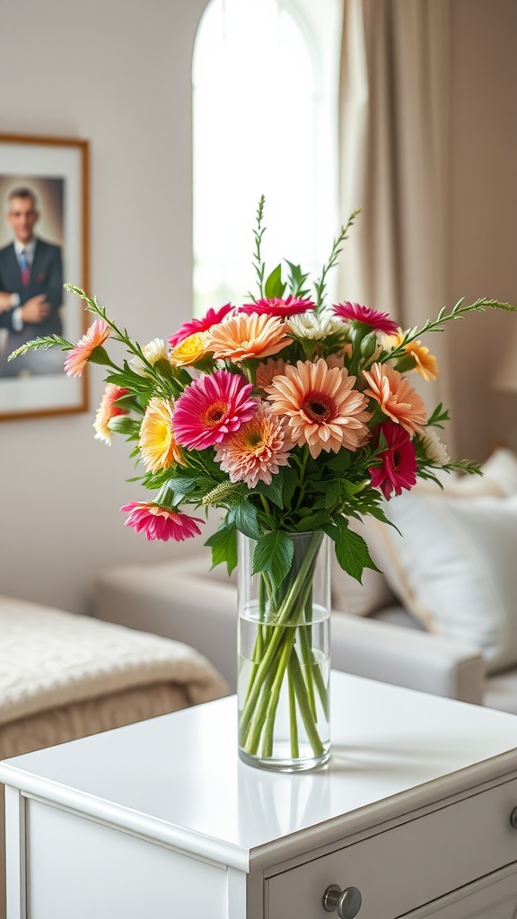 A vibrant bouquet of pink and peach gerbera daisies in a clear vase on a white nightstand in a feminine bedroom.