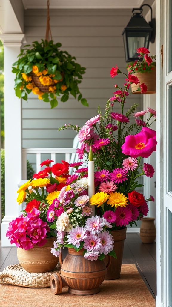 Colorful floral arrangements on a boho back porch with hanging plants and a cozy atmosphere.