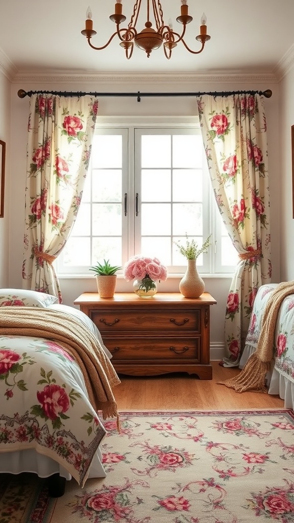 A cozy farmhouse chic bedroom featuring floral curtains and bedding, a wooden dresser, and fresh flowers.