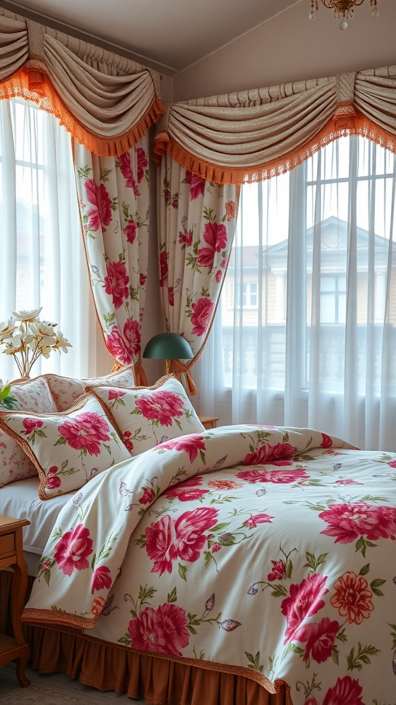A feminine bedroom featuring floral patterned bedding and curtains with pink and red flowers