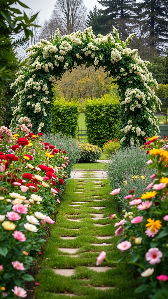 A flower-covered garden pathway with vibrant flowers and a trellis adorned with white blooms.