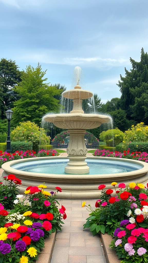 A beautiful fountain surrounded by colorful flowers in a garden setting.