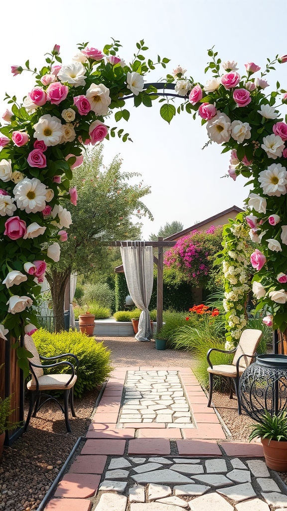 A flower arch adorned with pink and white roses framing a garden entryway.