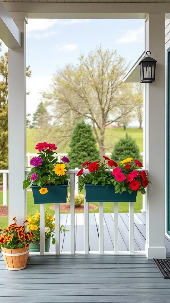 Colorful flower boxes on a farmhouse back porch with a beautiful view