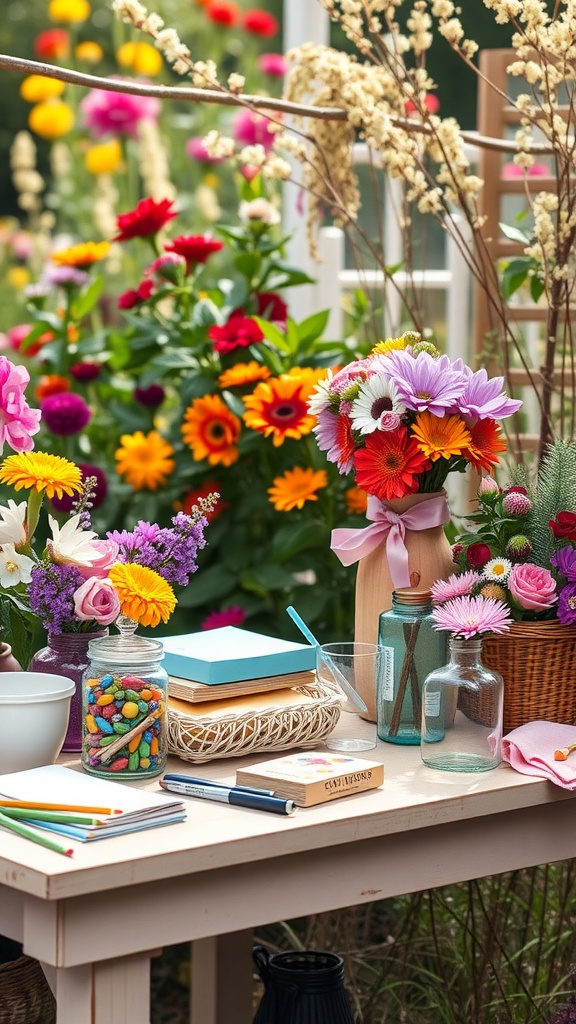 A colorful flower crown-making station with fresh flowers, craft supplies, and a vibrant garden backdrop.