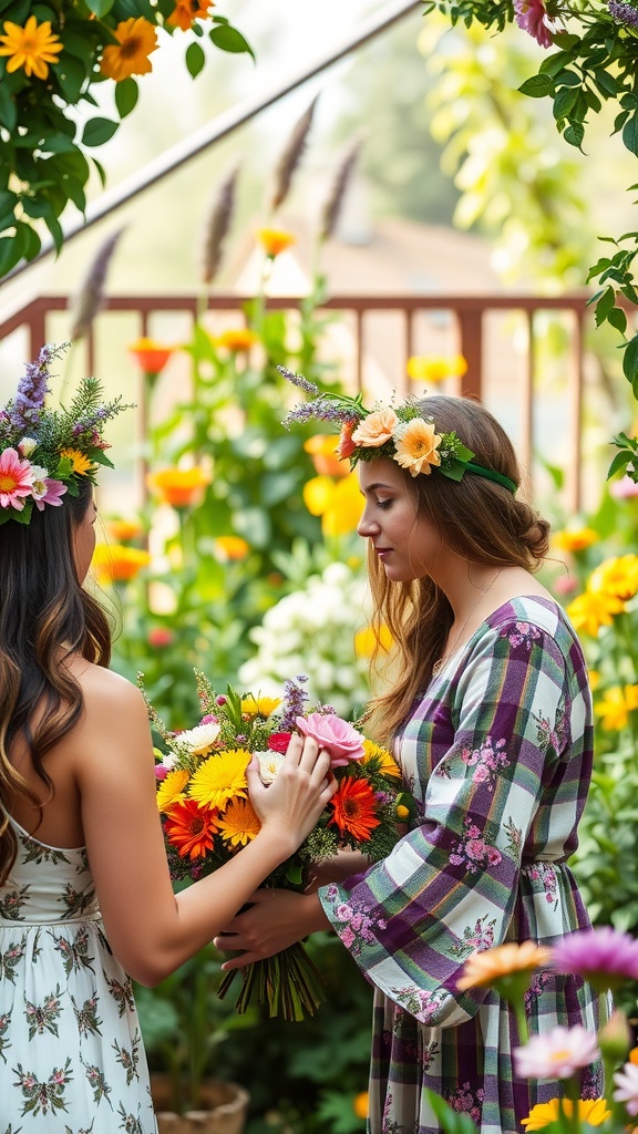 Two women creating flower crowns in a colorful garden filled with flowers.