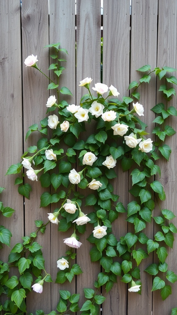 Climbing roses growing on a wooden fence