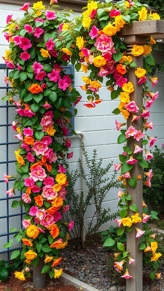 A vibrant display of climbing vines with pink, orange, and yellow flowers on a wooden arbor in a small garden.