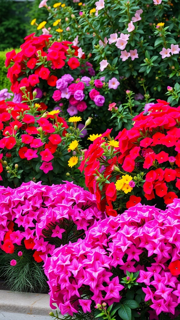 Colorful flowering shrubs in pink, red, and yellow, showcasing a vibrant garden display