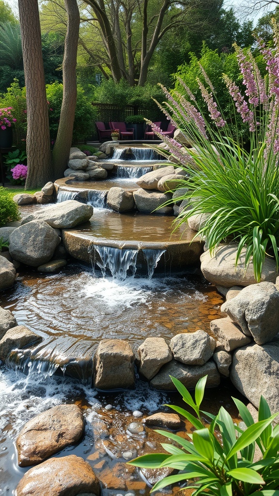 A serene flowing water feature with multiple tiers surrounded by greenery and flowers.