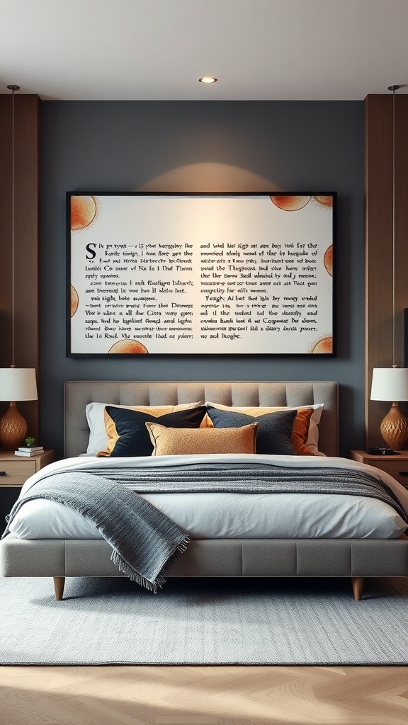 A stylish mid-century modern bedroom featuring focal point artwork above the bed.