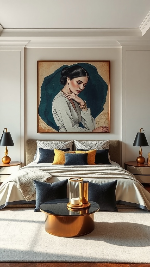 A stylish mid-century modern bedroom featuring focal point artwork above the bed.