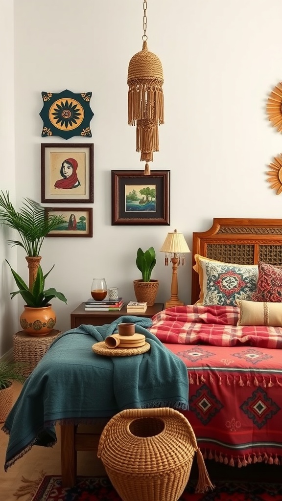 A cozy boho style bedroom featuring folk art decor, including a macrame lamp and colorful wall art.