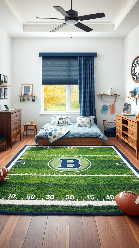 A boy's bedroom featuring a football field area rug with decorative elements like footballs, a bed, and wall shelves.