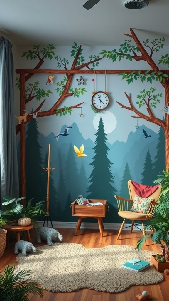 A boy's bedroom with a forest adventure theme featuring tree murals, cozy furniture, and playful decor.