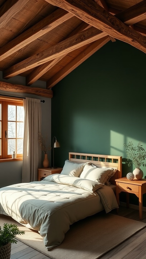 A cozy bedroom featuring a forest green accent wall and wooden elements, with sunlight streaming in.