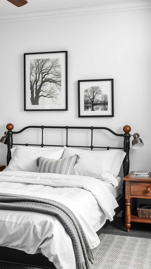 A cozy black and cream bedroom featuring framed black and white photography of trees, a black metal bed frame, white bedding, and a wooden nightstand.
