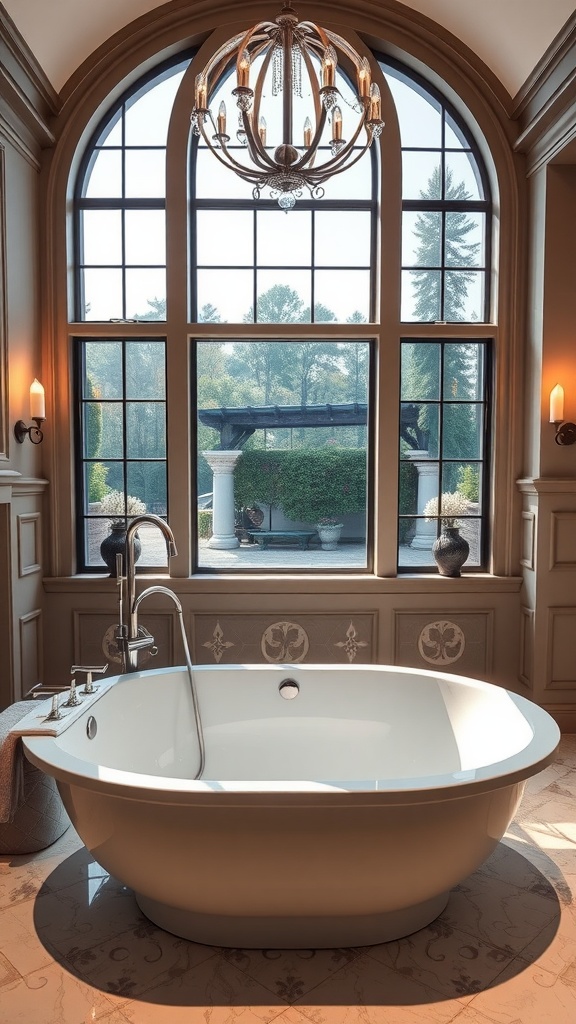 A stylish freestanding bathtub in a beautifully lit bedroom with large windows
