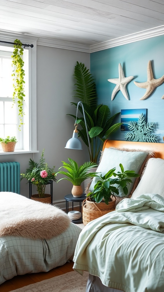 A cozy bedroom featuring ocean-themed blue tones with fresh greenery, showcasing plants in various planters and a serene atmosphere.