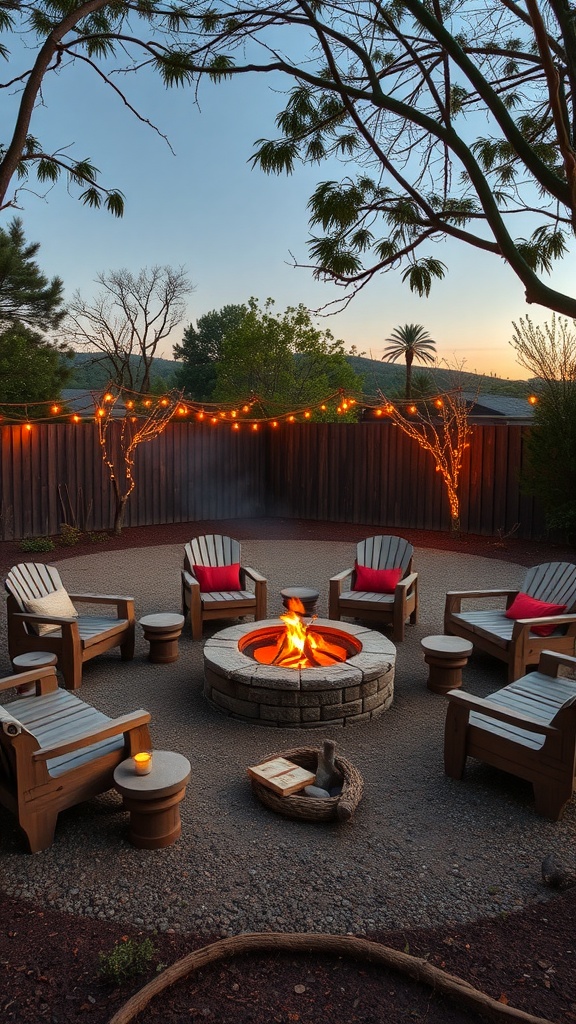 A cozy friendship fire circle with wooden chairs and a stone fire pit, surrounded by string lights and a serene outdoor backdrop.