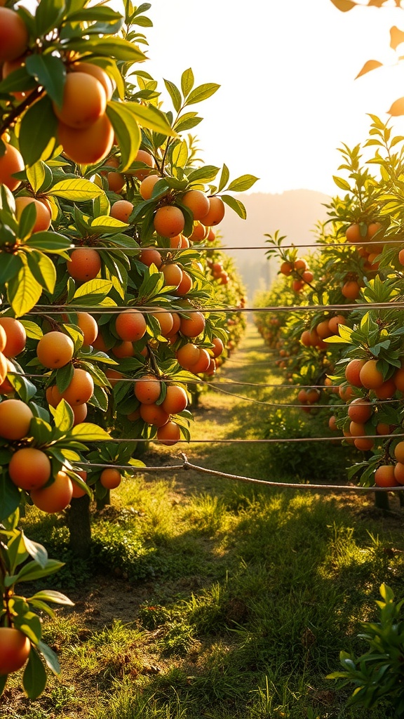 Rows of orange trees in an orchard with ripe fruits and sunlight filtering through the leaves.